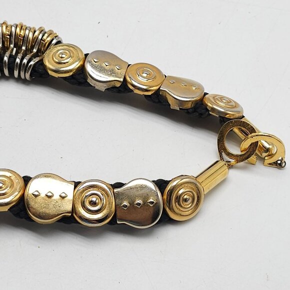 Gold Silver Tone Clear Rhinestone Steampunk Choker Black Braided Cord - Picture 4 of 7